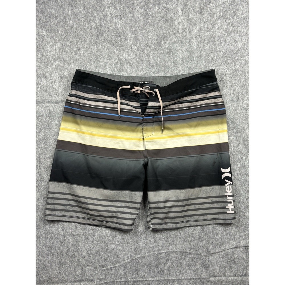 Hurley Mens Yellow/Brown/Gray/Blue Striped Swim Drawstring Trunks Active Size 36